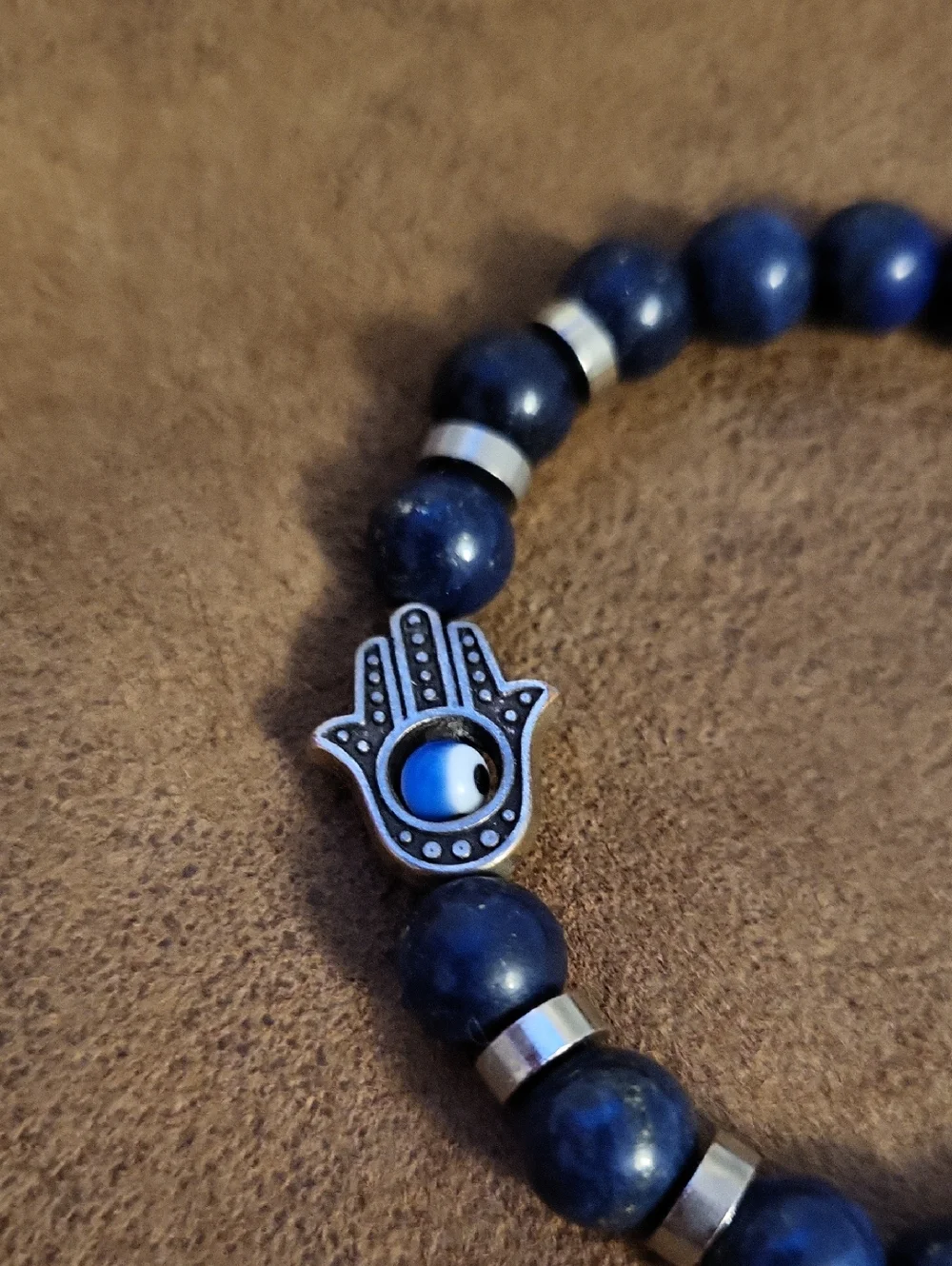 Lapis Lazuli Gemstone Blue Beaded Bracelet with Hamsa Charm